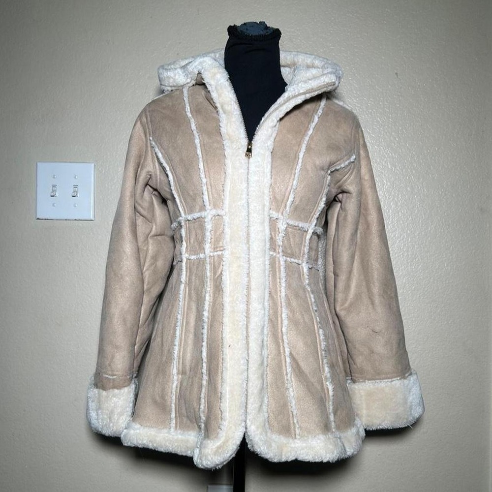Hawke & Co Vintage Y2K Shearling Hooded Suede Coat Faux Fur Penny Lane Jacket 14